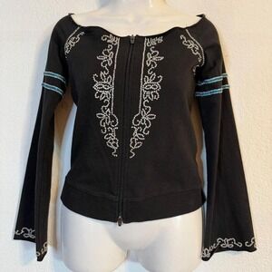 Bebe Sport Black Top SZ Medium Embellished Zip-Up Cold Shoulder Athleisure